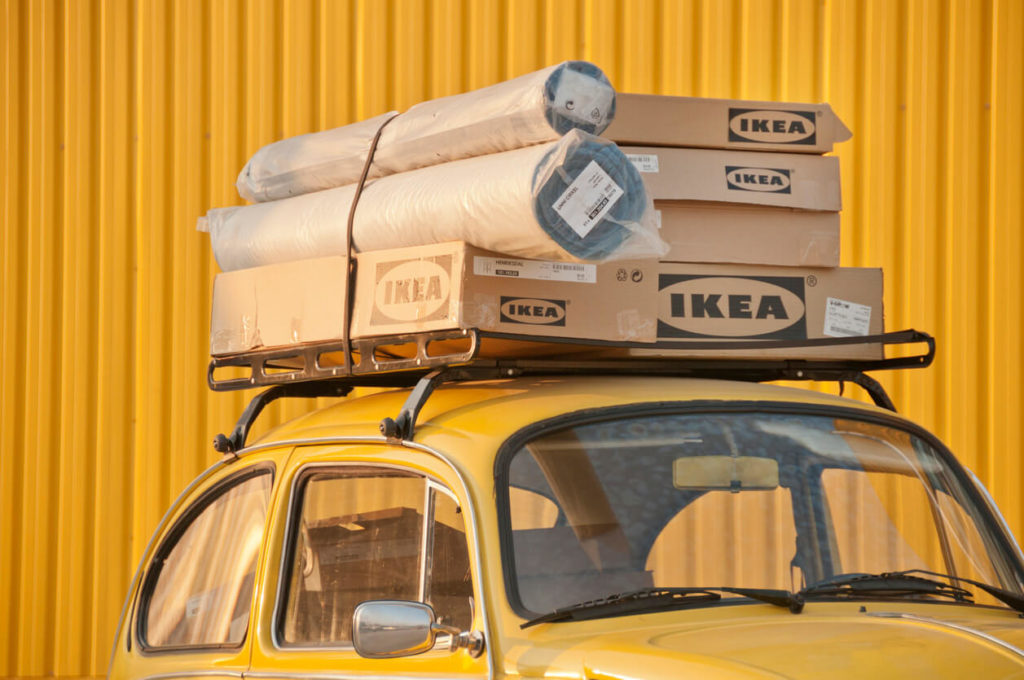 Ikea right-sized packaging on VW bug roof